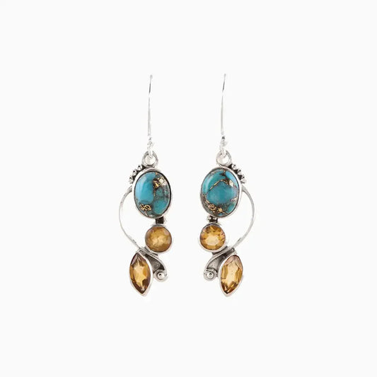 Geometric alloy dangle earrings with turquoise and amber stones, 0.8 by 1.8 inches