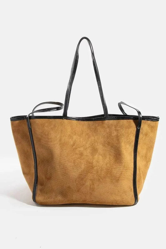 large Fame Suede Tote in tan with black faux leather trim and shoulder straps