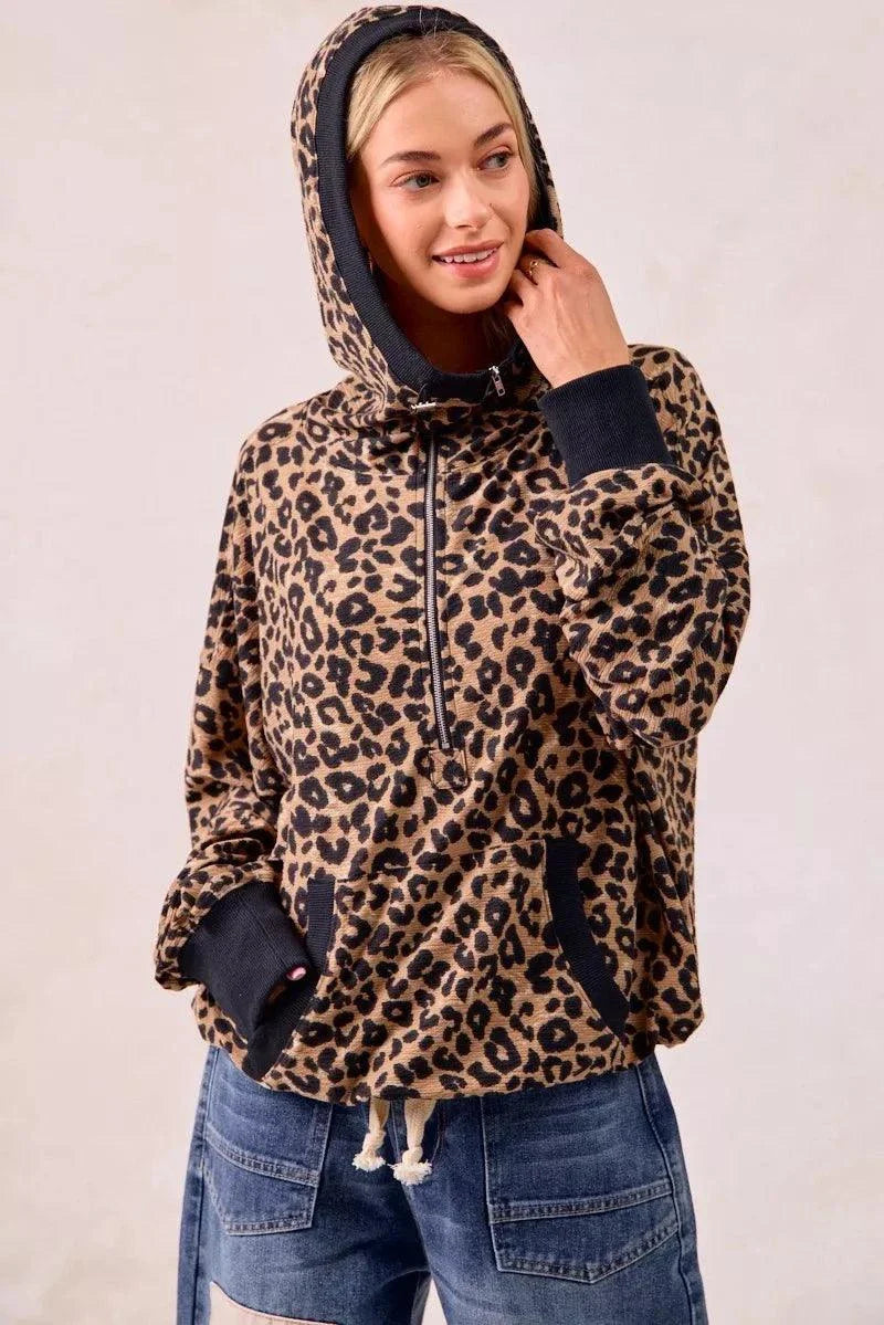 Leopard print waffle half zip hoodie with pocket and drawstring hood