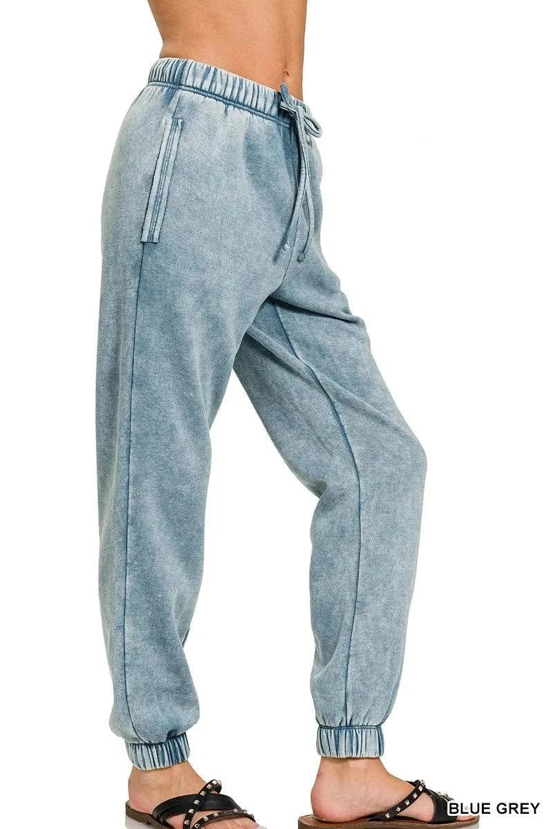 Zenana Acid Wash Fleece Sweatpants in blue grey with pockets and drawstring waistband