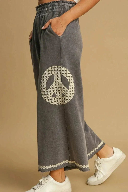Umgee Plus Size Wide Leg Pants with Lace Applique Peace Design - Mineral Wash Style - Redemption By Ashley North