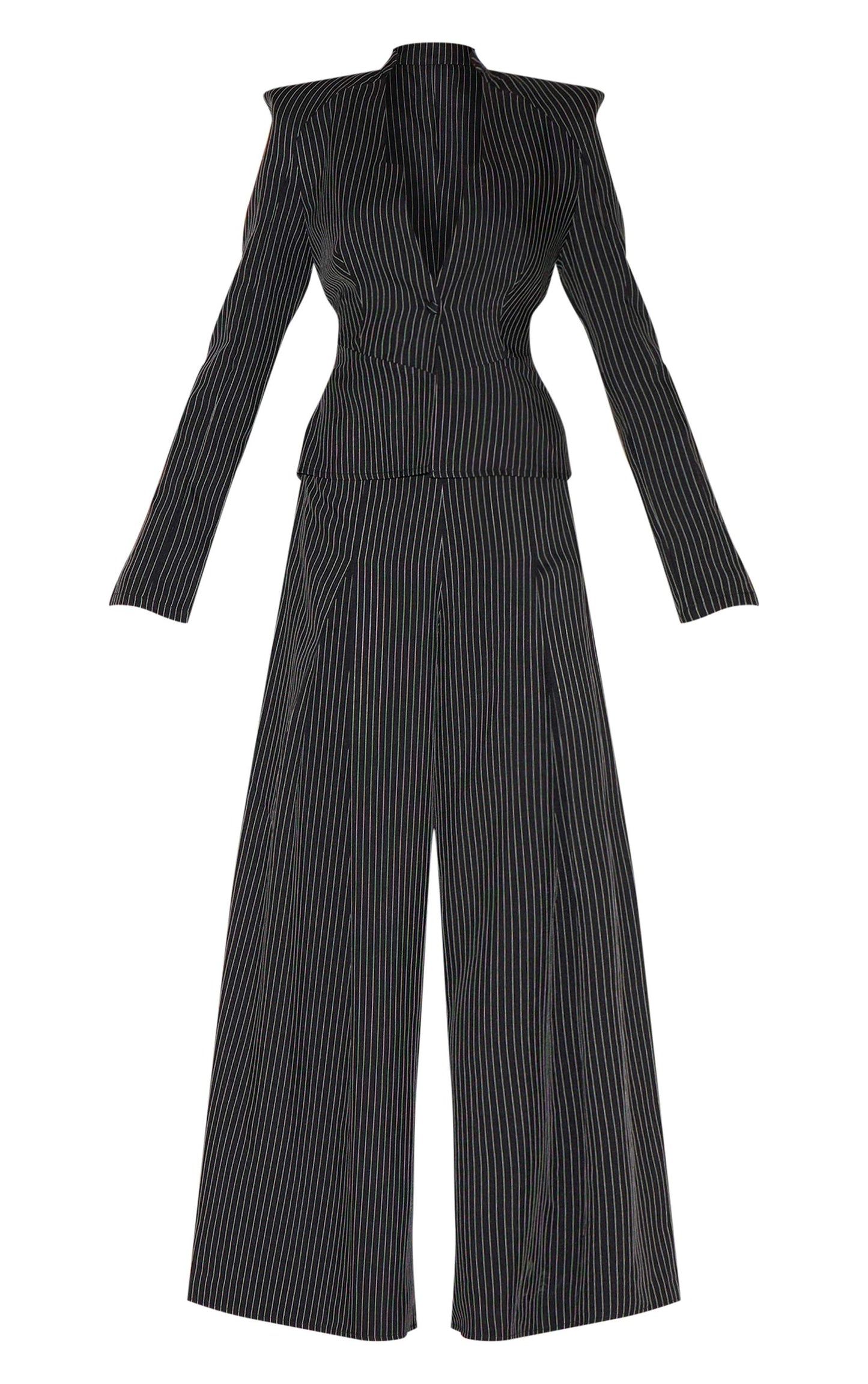 Black pinstripe shirt detail straight leg tailored jumpsuit for evening wear