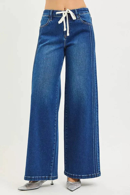 Full size mid rise wide leg jeans with front drawstring and side pintuck detail in plus size
