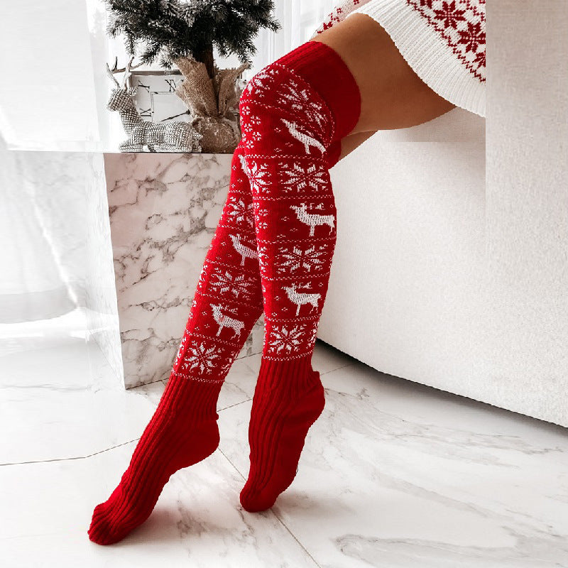 Winter Christmas Warm Knitted Women Stocking Beautiful Elk Snowflake Jacquard Over-the-knee Casual Long Socks For Ladies Gifts Free Size.
