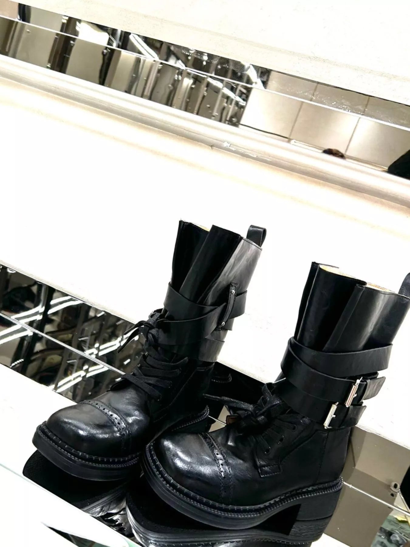 Buckled Leather Block Heel Boots.