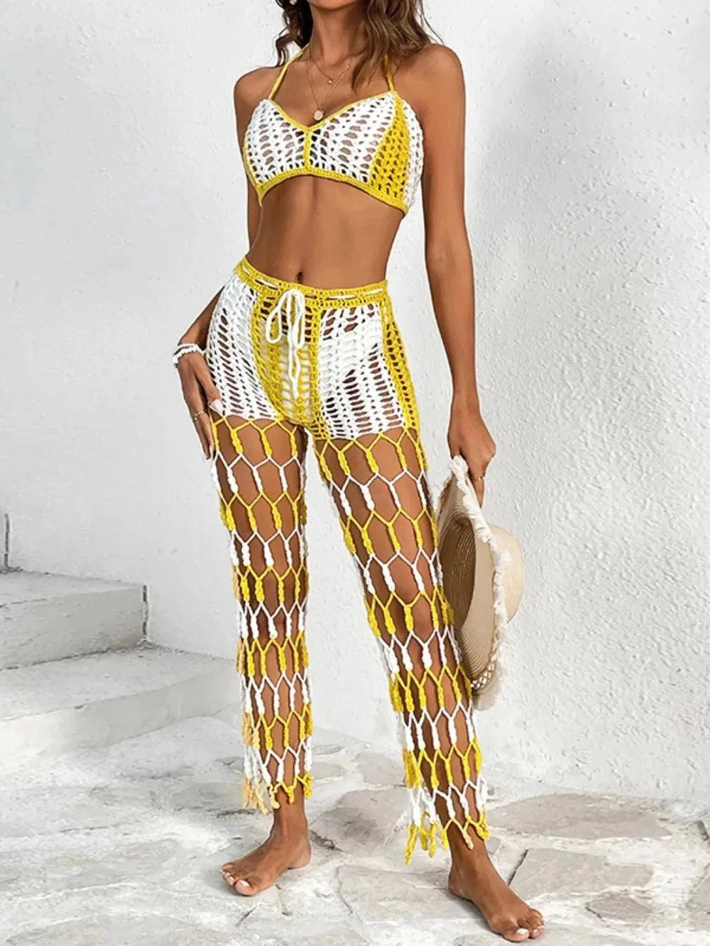 Cutout Halter Neck Swim Set - Two-Piece Top and Pants Swimwear.