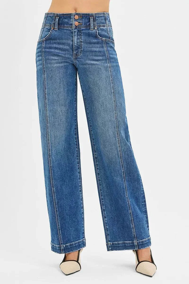 RISEN Mid Rise Fit wide baggy jeans with buttoned pockets and slight stretch in blue denim