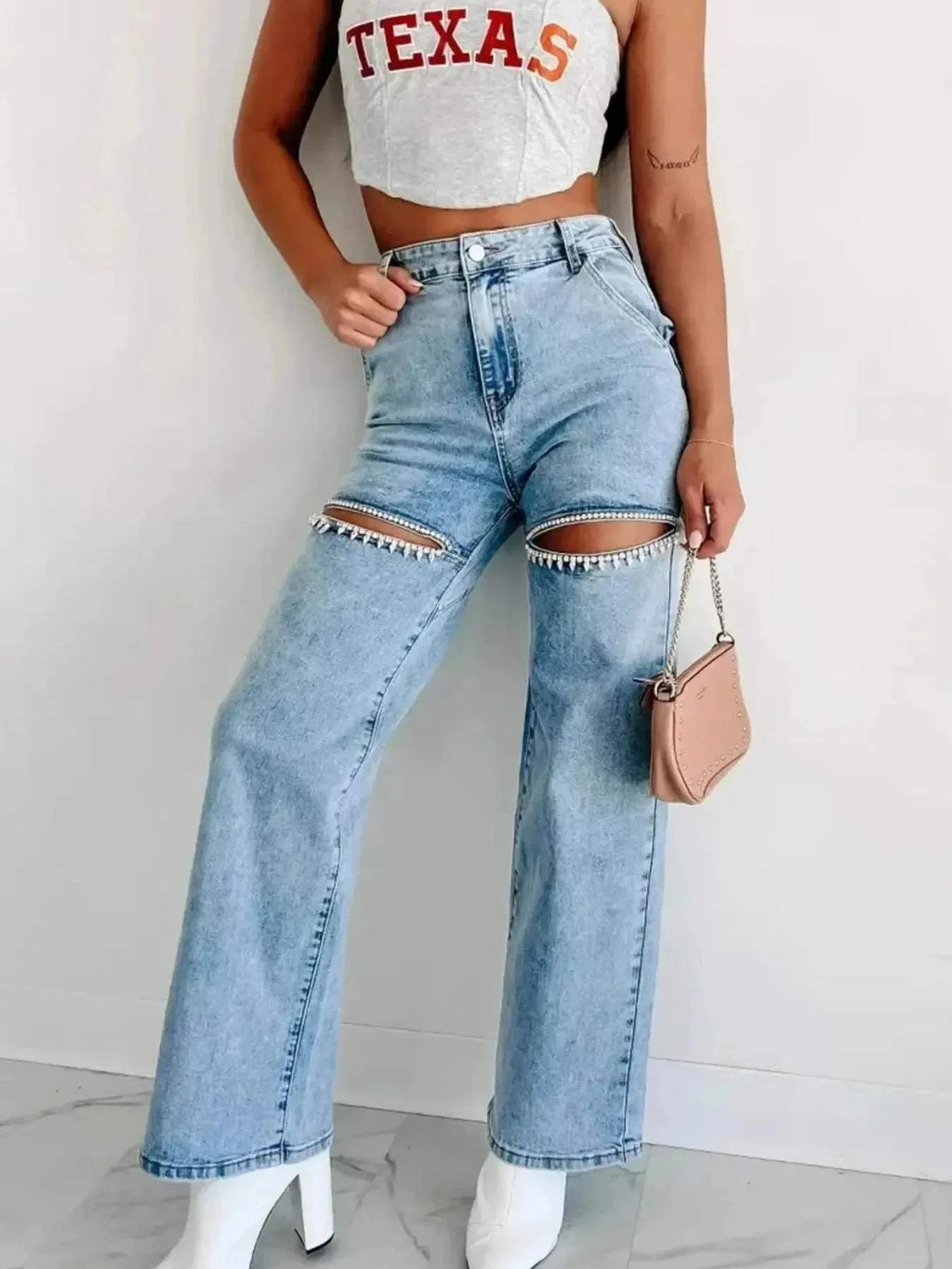 High Waist Wide Leg Jeans with Cut-Out Design.