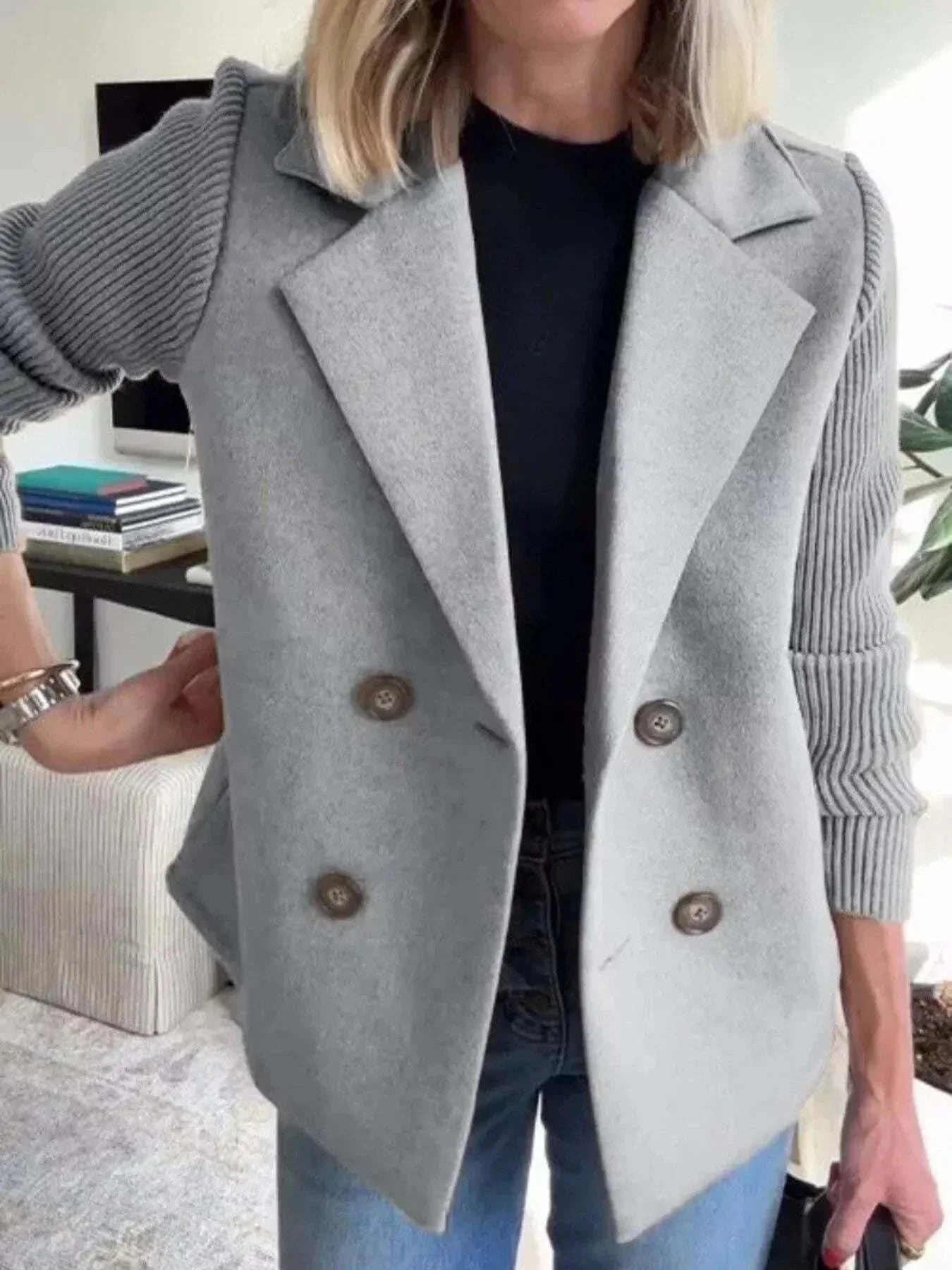 Plus size double-breasted outerwear with full size knit sleeves in grey polyester blend
