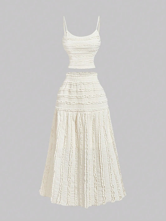 White Frill Scoop Neck Cami and tiered skirt set with ruched and smocked details