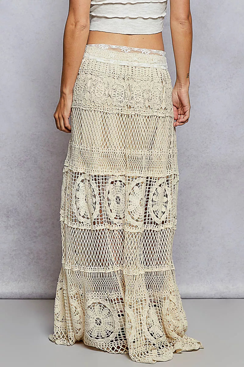 POL Crochet Floral long flared crochet skirt with elastic waistband and knit inner lining in beige