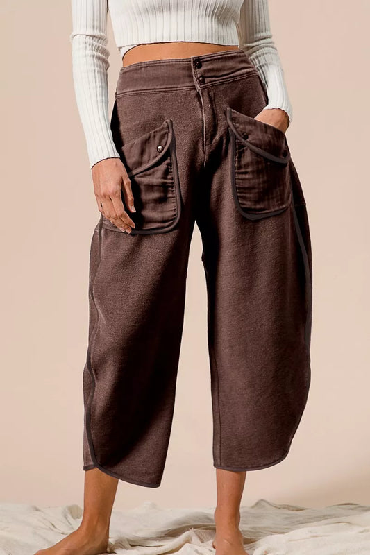 BiBi Washed Terry Pants brown wide-leg cropped pants with large pockets and button detail