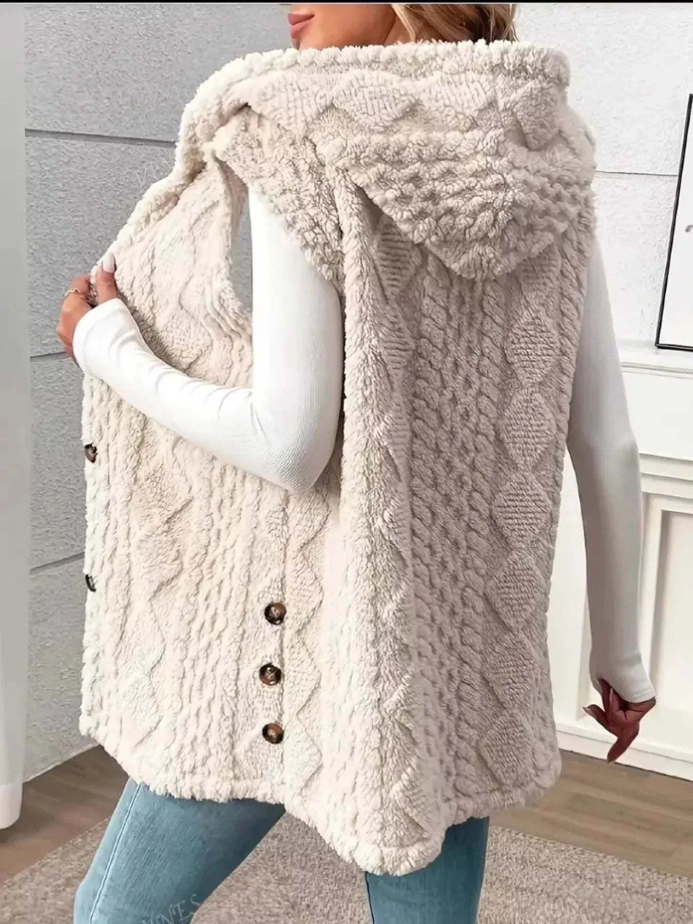 Button Up Plush Hooded Vest coat in cream with cable knit texture and button closure