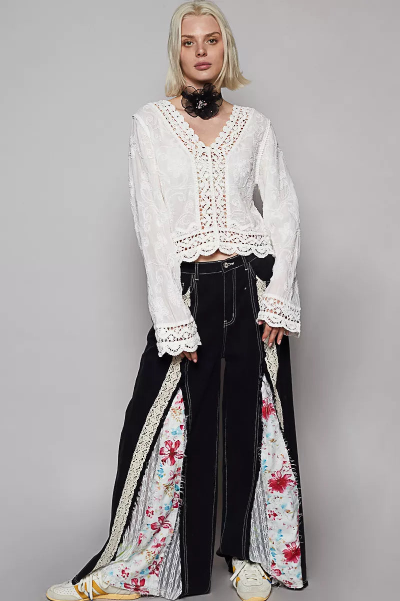 POL Long Sleeve Cropped Crochet Top with floral embroidery and V-neck lace detailing