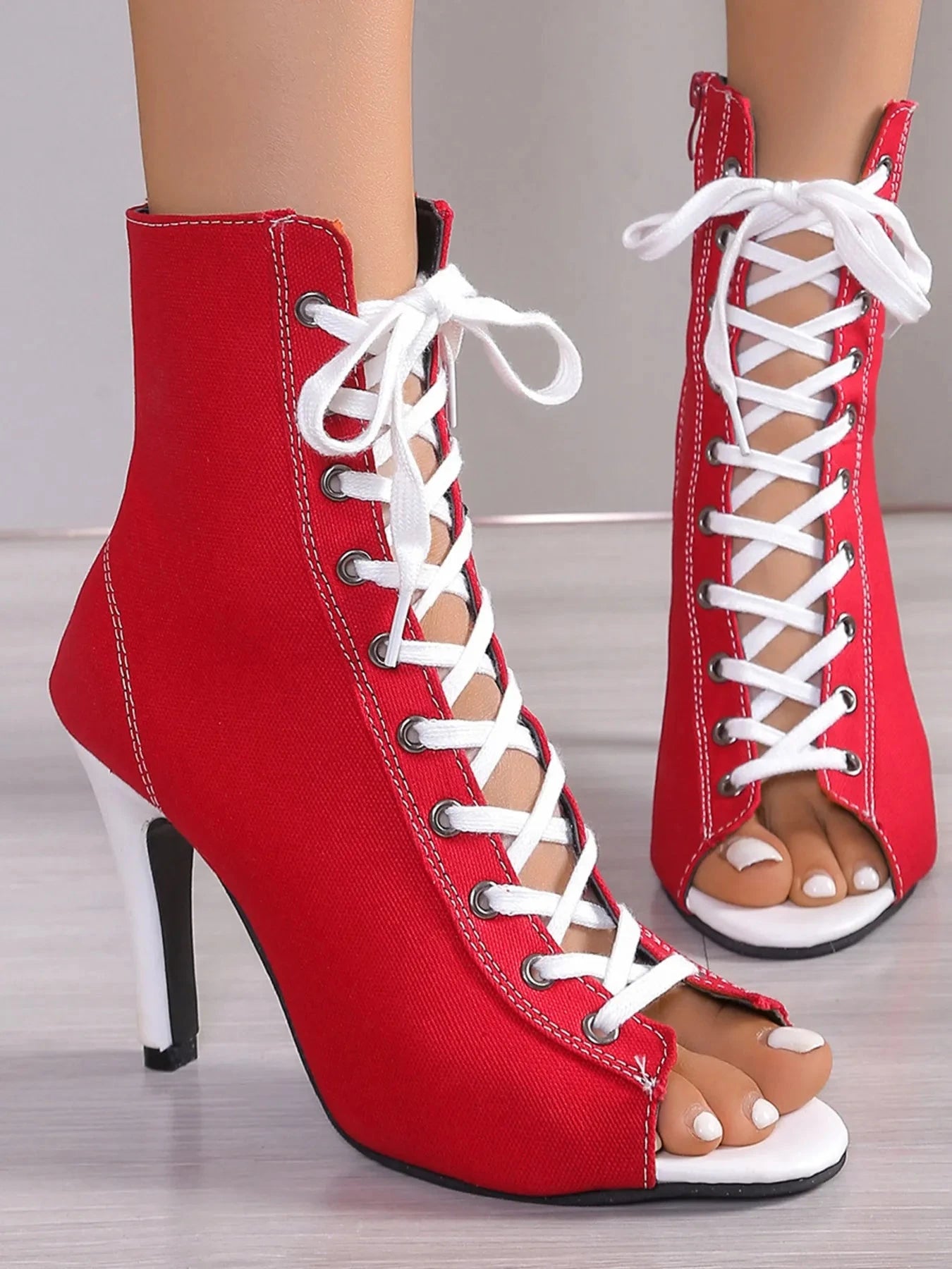 Canvas Lace-Up Peep Toe Stiletto Ankle Boots