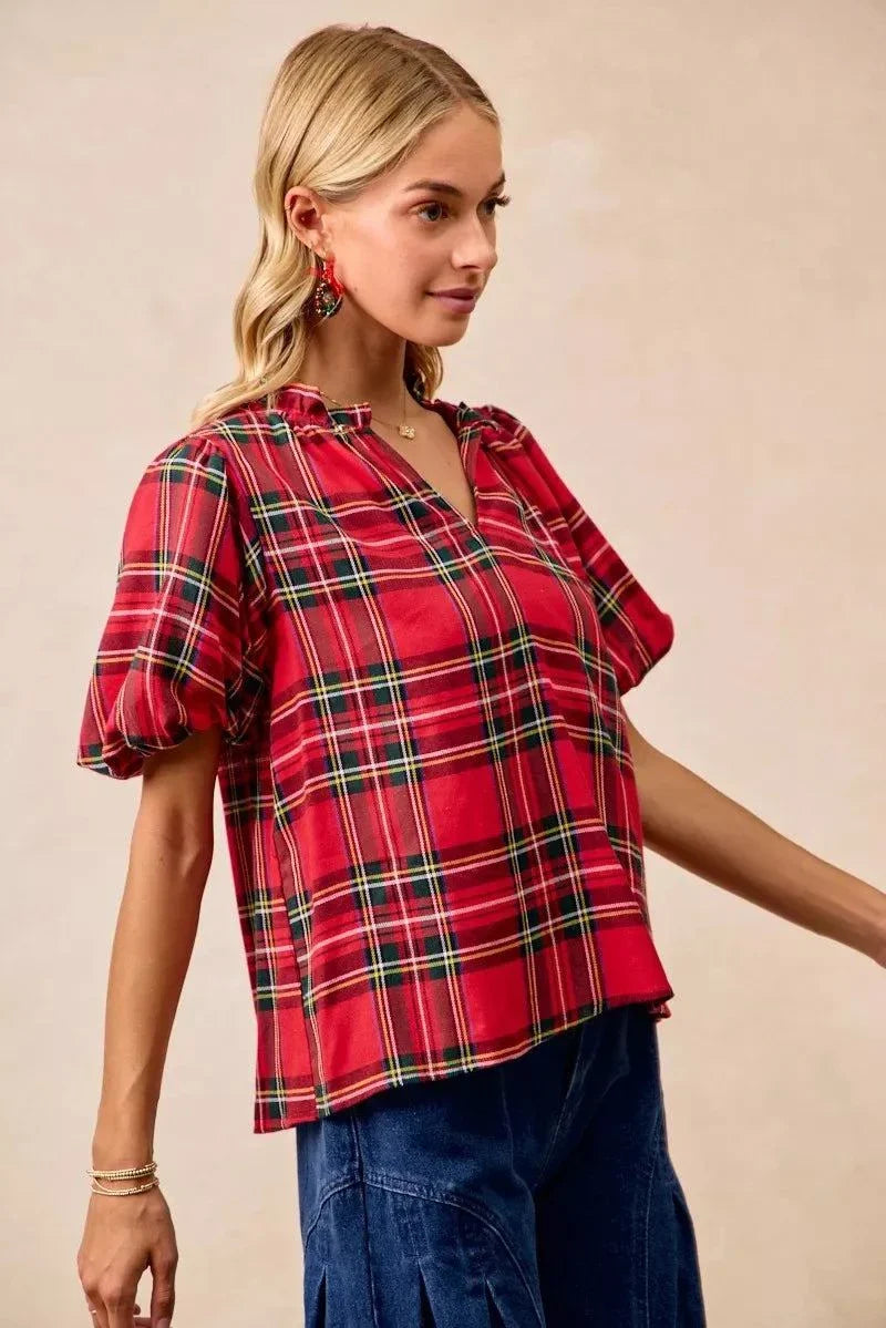 BiBi Christmas Plaid Short Sleeves Ruffled Blouse.
