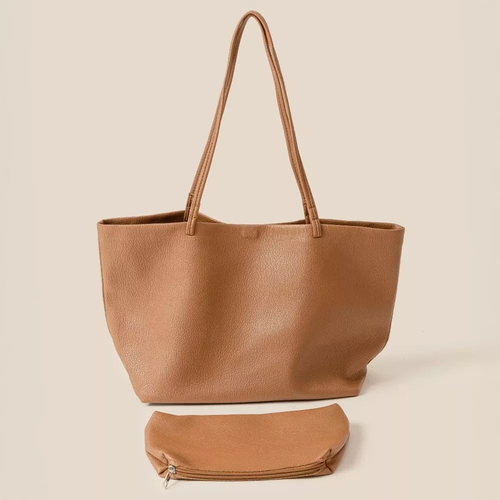Large Fame Soft Solid Color Tote Bag in tan with detachable zipper pouch and comfortable shoulder straps