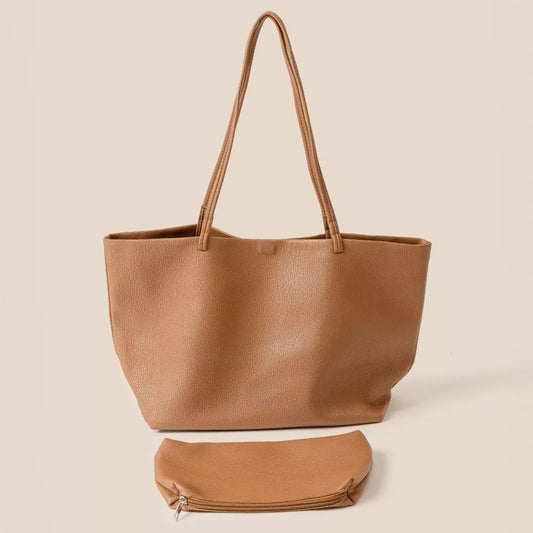 Large Fame Soft Solid Color Tote Bag in tan with detachable zipper pouch and comfortable shoulder straps