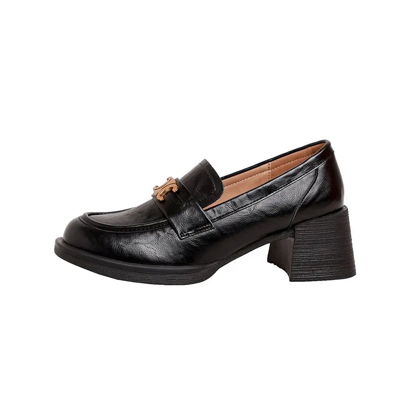 Round Toe Block Heel Loafers.