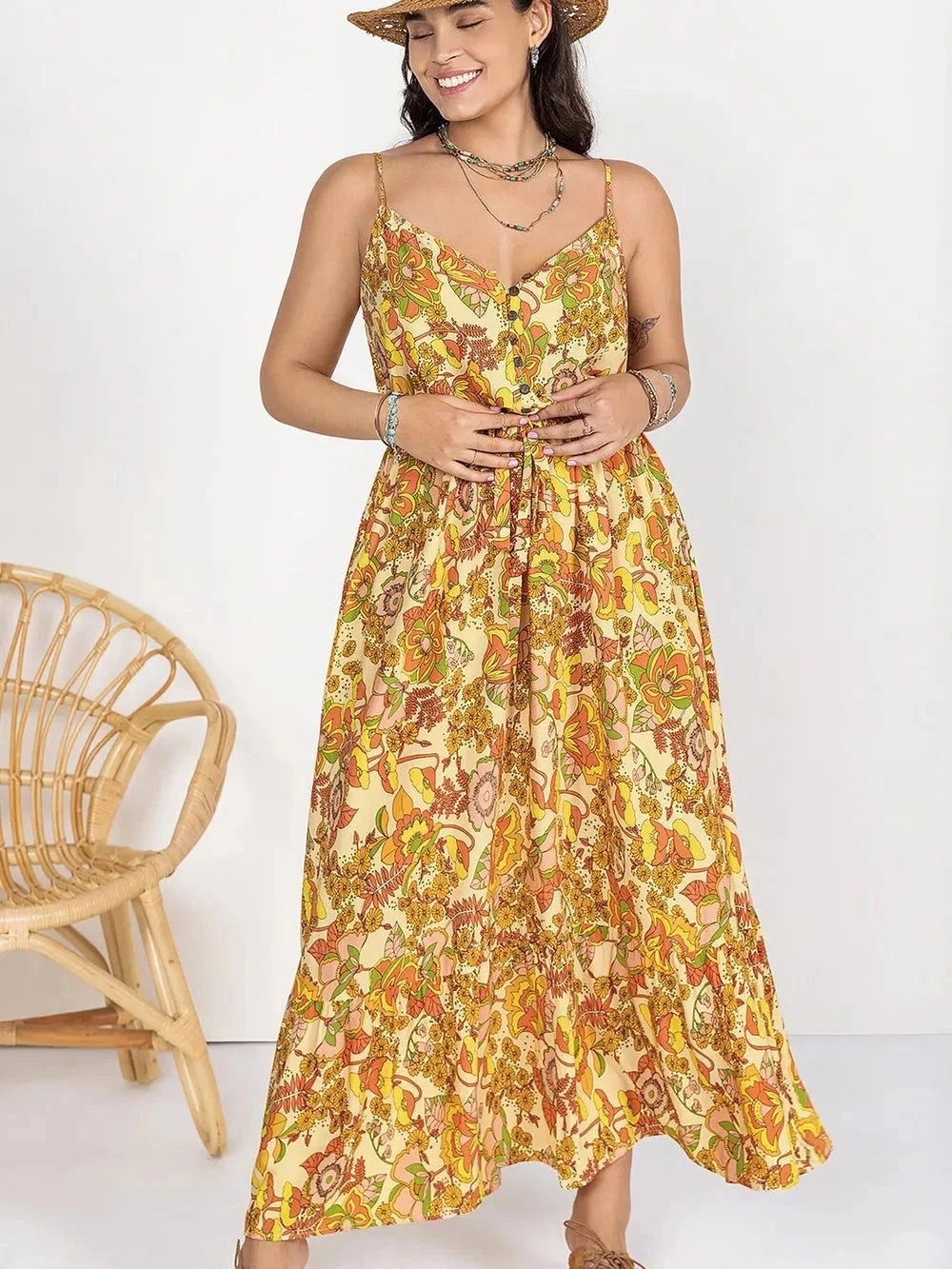 Plus Size Maxi Dress - Printed V-Neck Maxi Cami Dress.