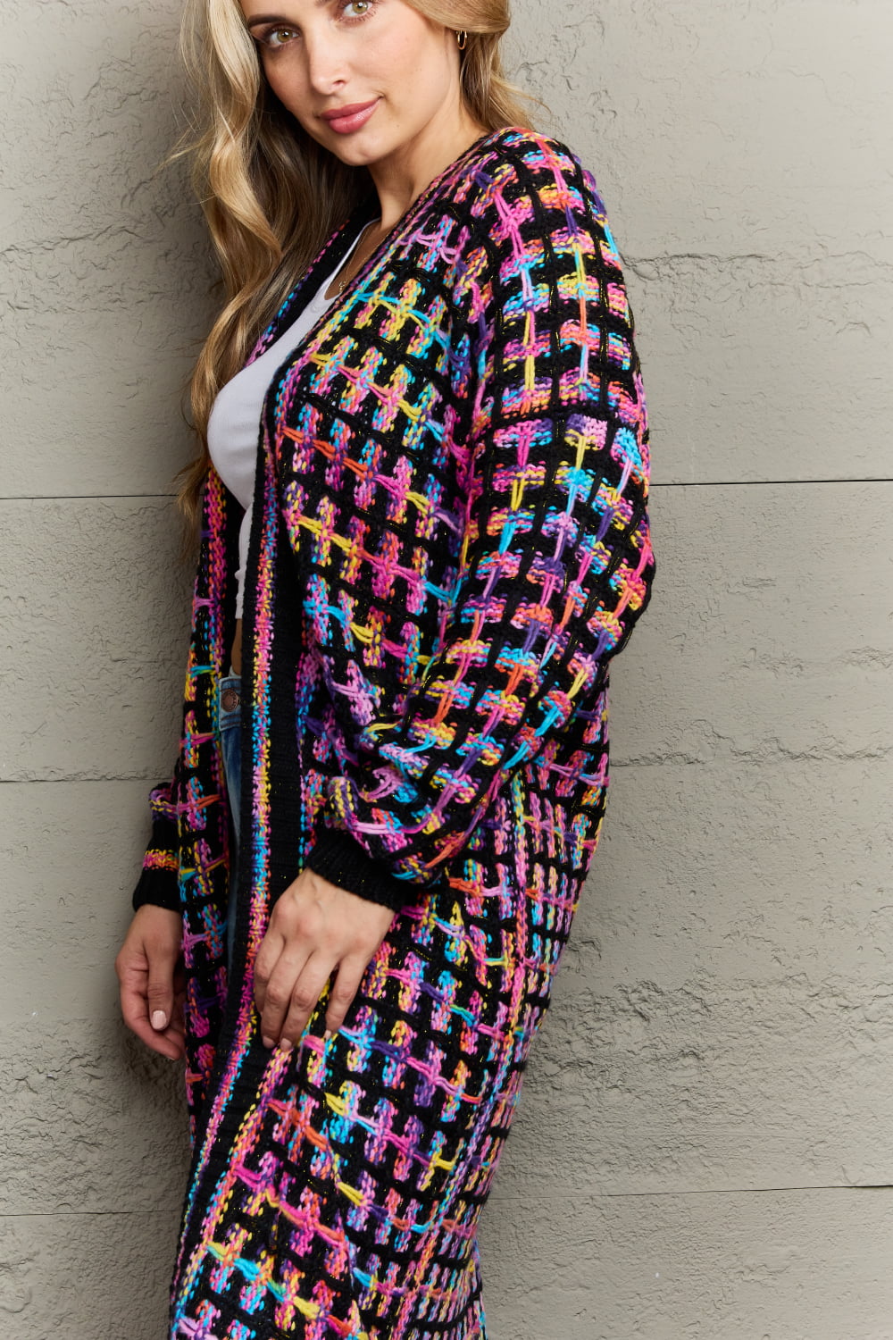 Angel Wings Full Size Multicolored Open Front Fringe Hem Cardigan.
