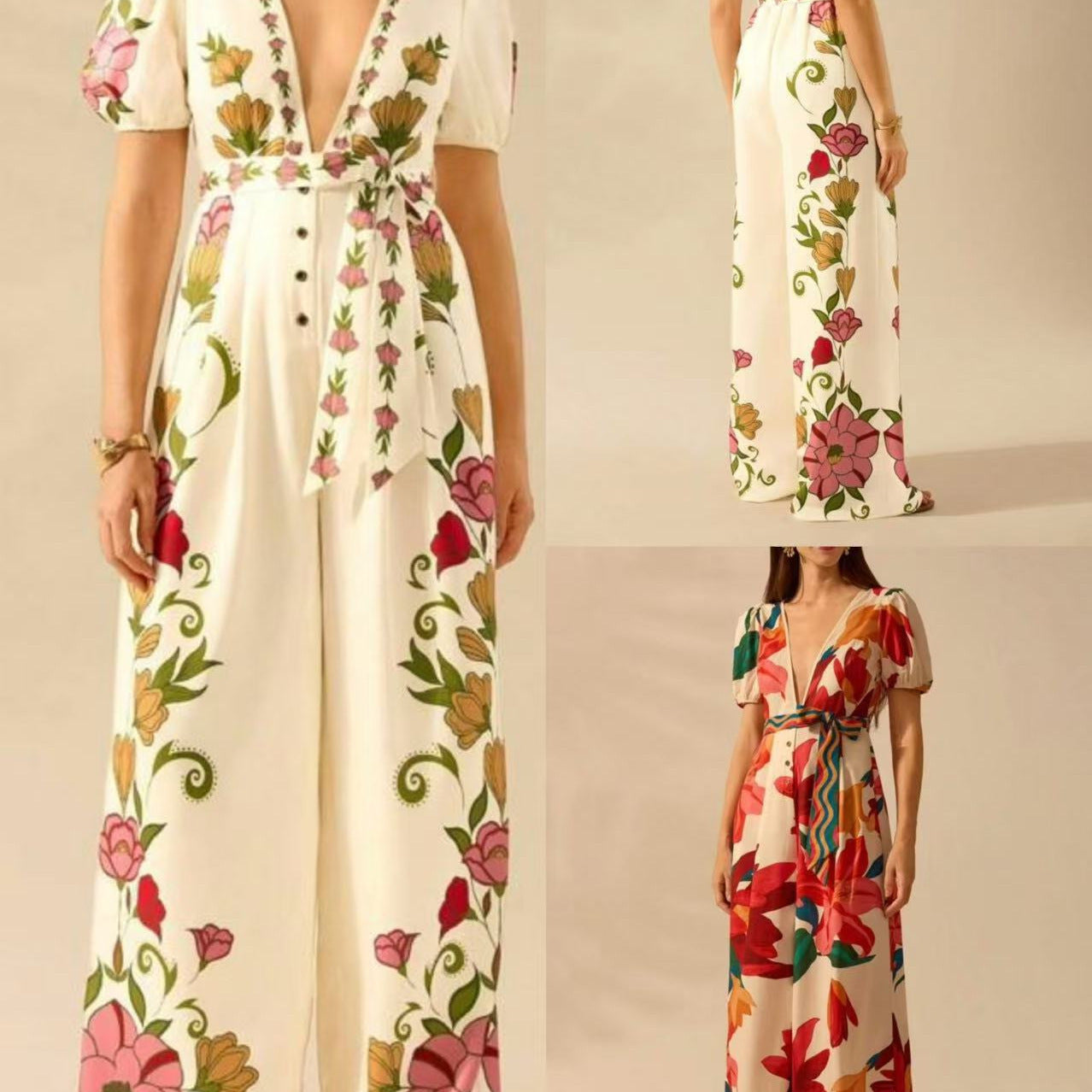 Women's Wide-leg Jumpsuit with Deep V-neck and Printed Fashion Design.