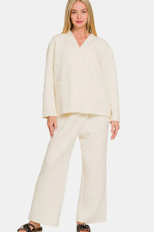 Zenana Quilted Button Up Long Sleeve Top and Pants Lounge Set.
