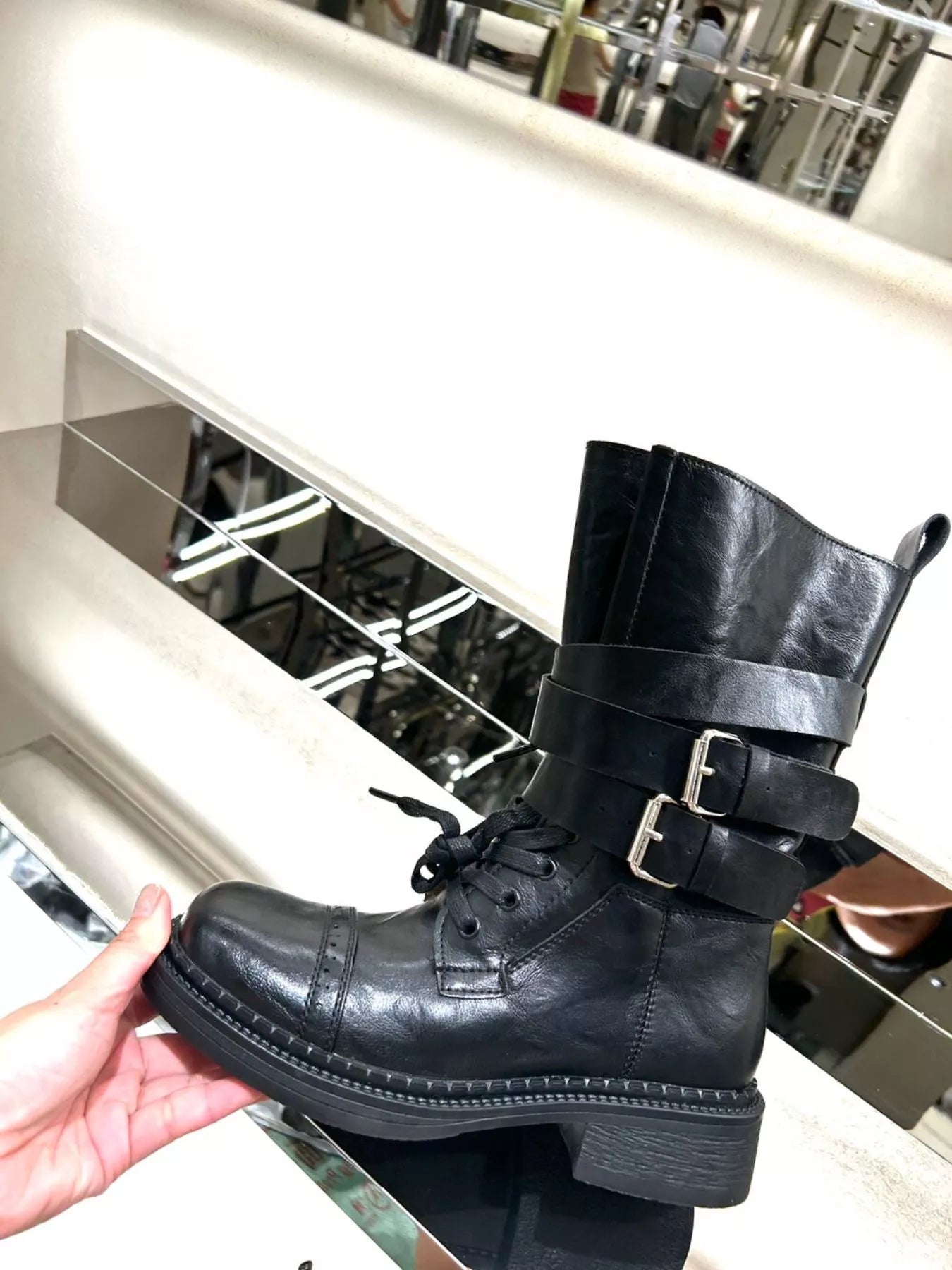 Buckled Leather Block Heel Boots.