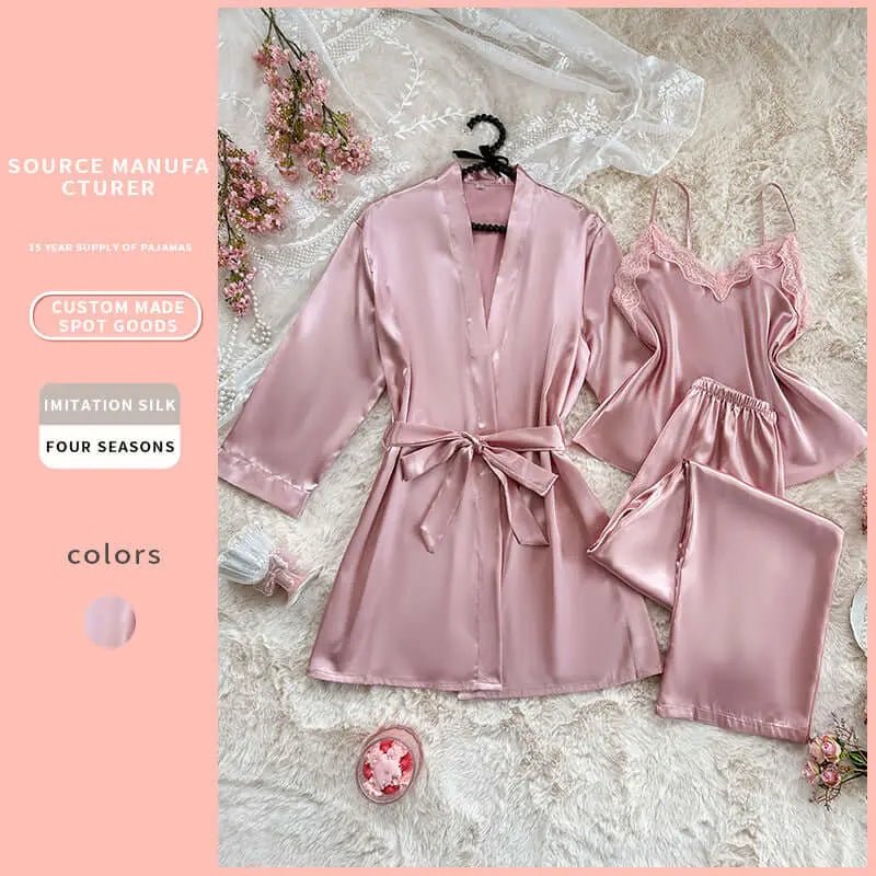 3-piece Pajama Set Autumn Winter Faux-silk Night Gown Bathrobe Sexy Ice-silk Camisole Pajama Redemption By Ashley North