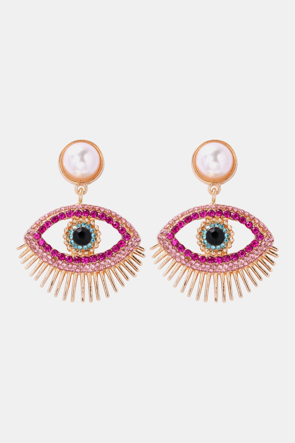 Evil eye shaped dangle earrings with rhinestones, synthetic pearl, and zinc alloy in modern style