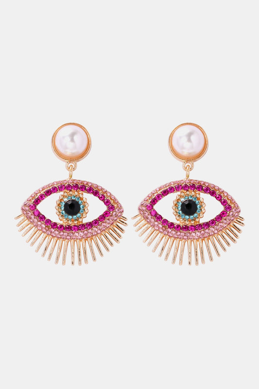 Evil eye shaped dangle earrings with rhinestones, synthetic pearl, and zinc alloy in modern style