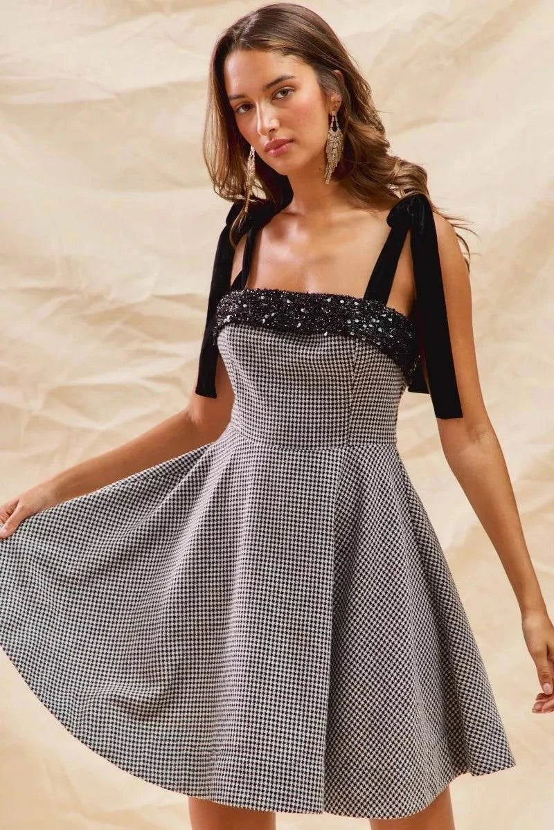 SO ME Houndstooth Fit Flare Mini Dress with Shoulder Tie for a Trendy Look.