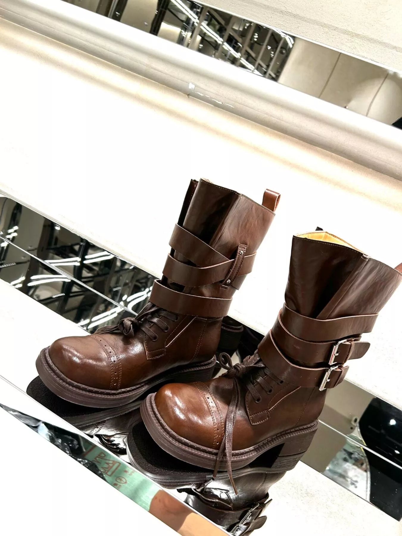 Buckled Leather Block Heel Boots.