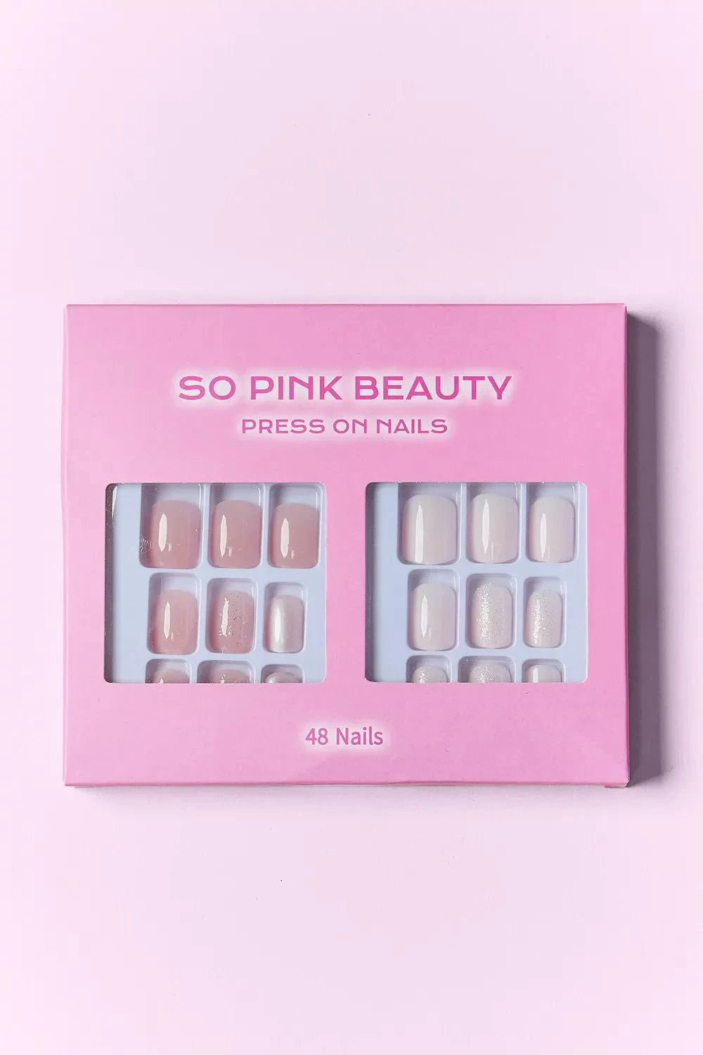 SO PINK BEAUTY press on nails 48-piece set with two designs in pink packaging