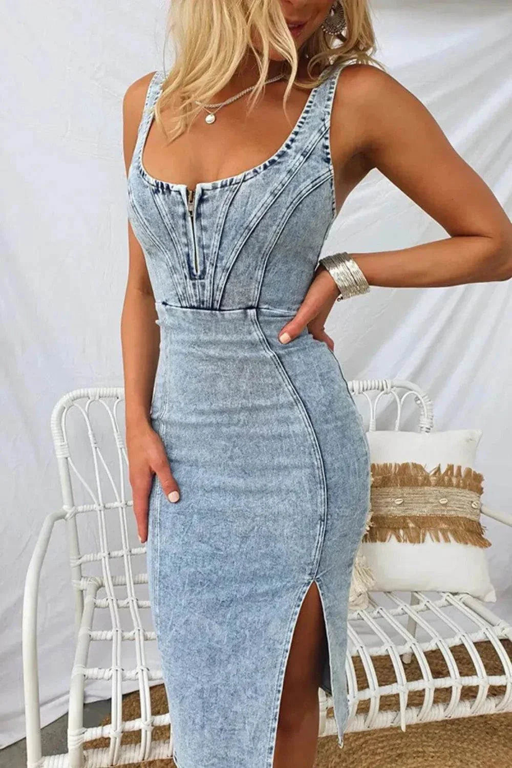 Side Slit Denim Dress with Washed Scoop Neck - Stylish and Trendy Fashion Statement.