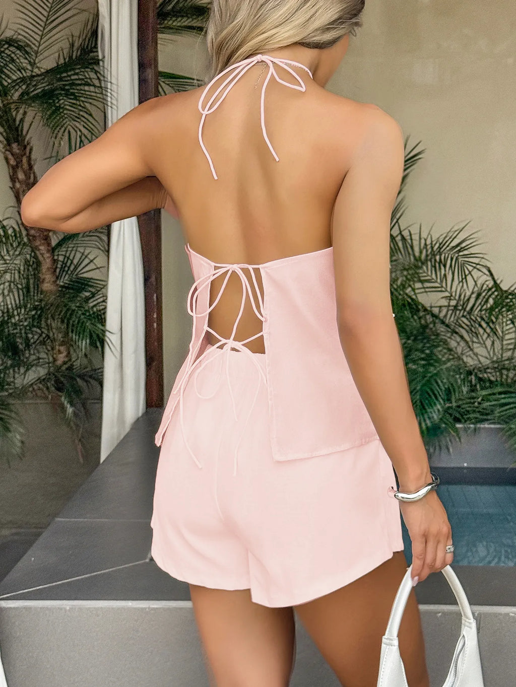 Tied Front Halter Neck Cami Set with Shorts for Effortless Summer Style.