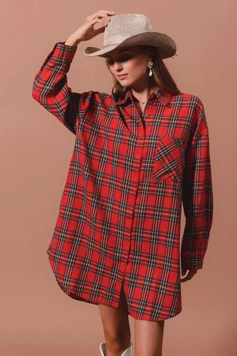 SO ME Christmas Checker Plaid Button Up Shirt DressThis Red Plaid Oversized Shirt Dress is a stylish and comfortable choice for any occasion. Made from a soft and breathable fabric, this dress features a classic plaiChristmas Checker Plaid