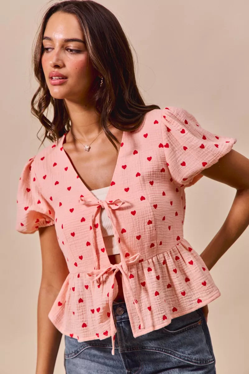Pink baby doll blouse with red heart print and ribbon ties, feminine Valentine top