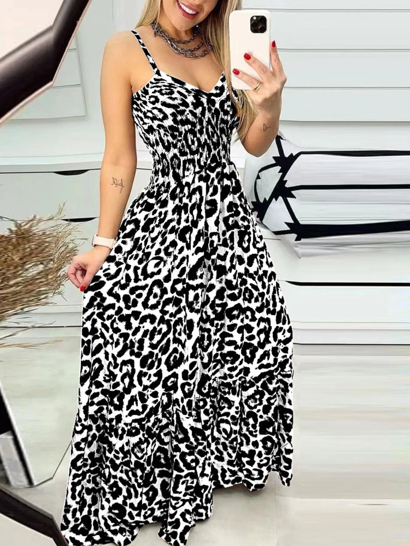 Full Size Leopard Print Dress - Spaghetti Strap Maxi Dress for Plus Size Fashion.