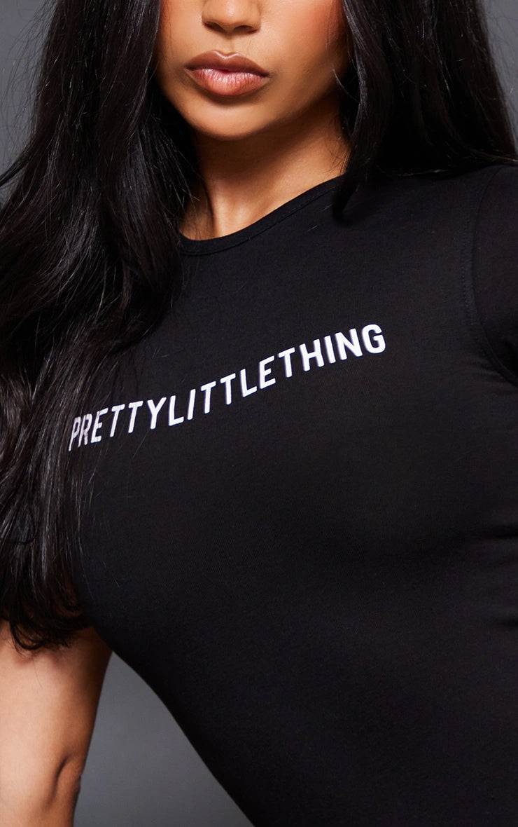 PRETTYLITTLETHING black short-sleeved logo bodysuit in stretch jersey with crew neckline