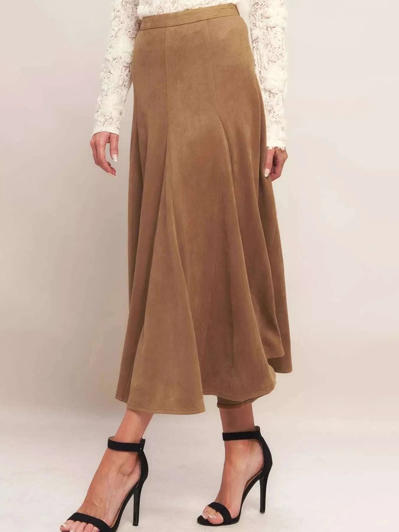 Camel brown flowy A-line midi skirt with high waist and elastic waistband for comfortable fit