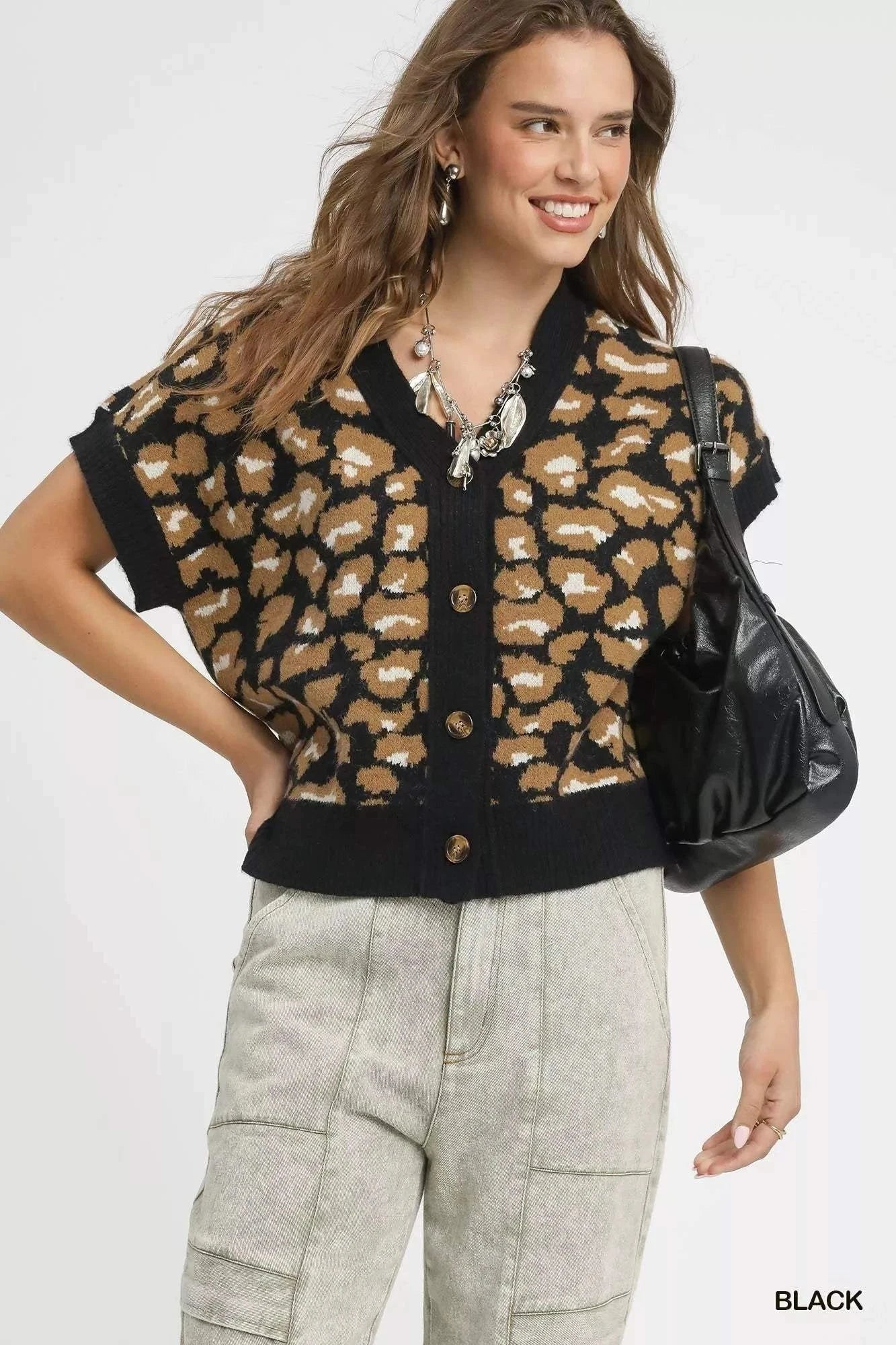 Umgee Leopard Button Down Short Sleeve Cardigan.