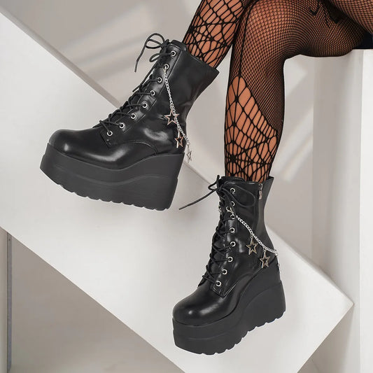 Lace Up Platform Wedge Boots.
