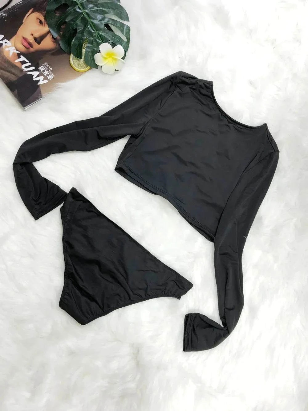 Round Neck Swim Set: Long Sleeve Top and Brief Swim Set.