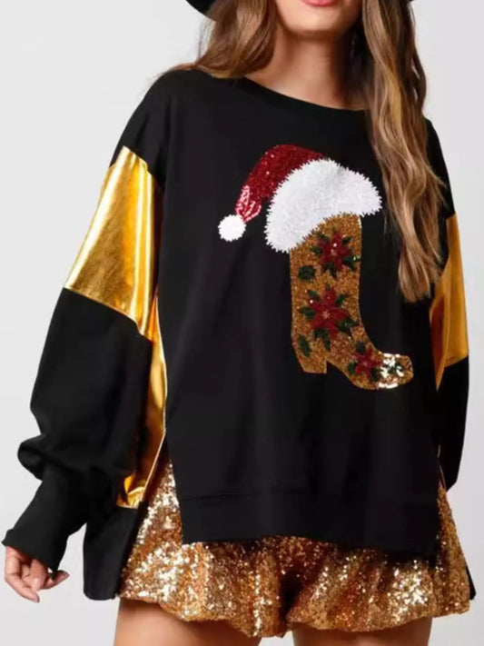 Christmas Sequin Sweatshirt with long sleeves and festive boot design in red, white, and gold sequins on black fabric with gold metallic sleeve accents