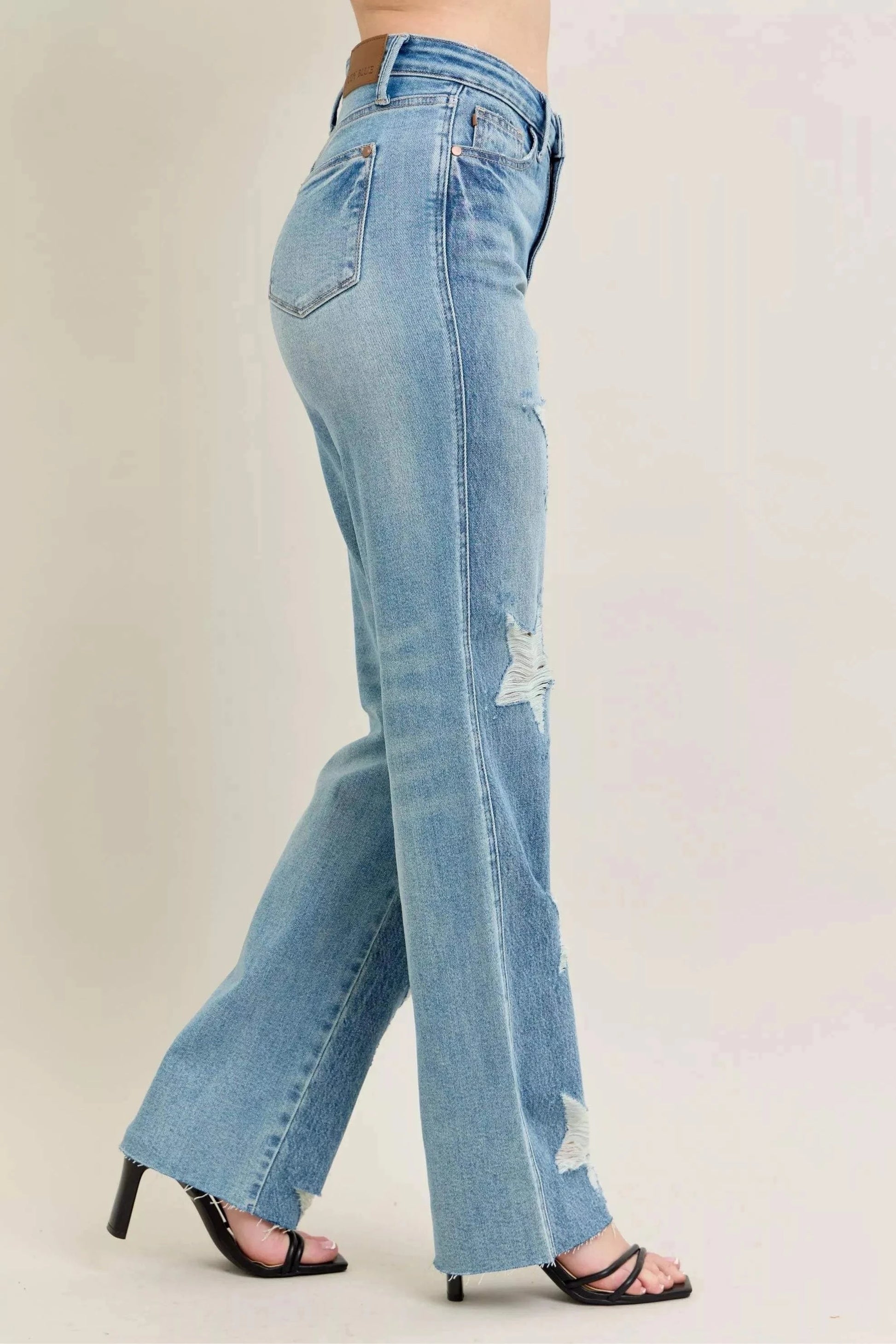 Judy Blue Plus Size 90's high waist straight jeans with star-shaped distressed details in light blue rigid denim