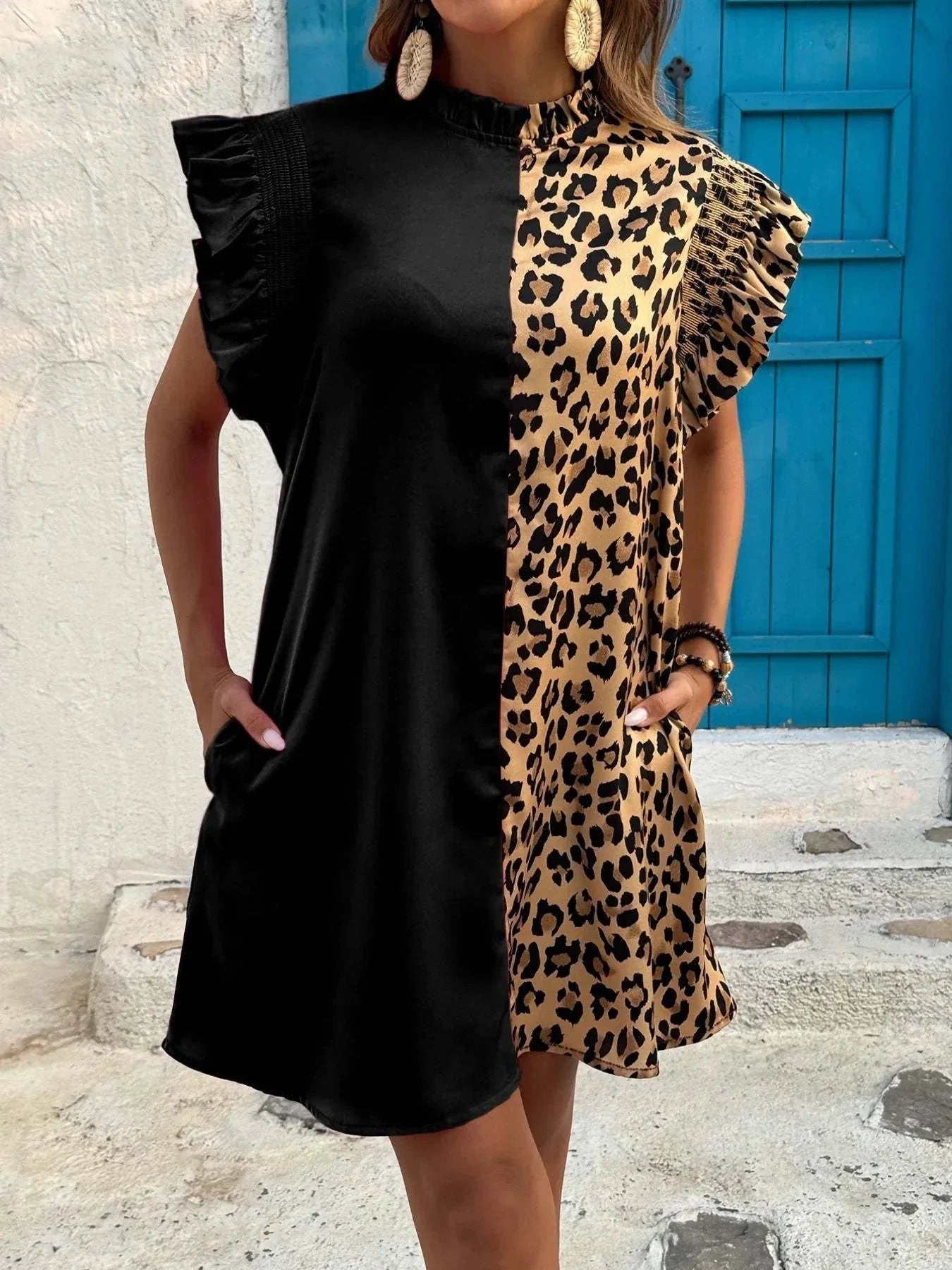 Leopard Color Block Dress with Ruffle Sleeves.