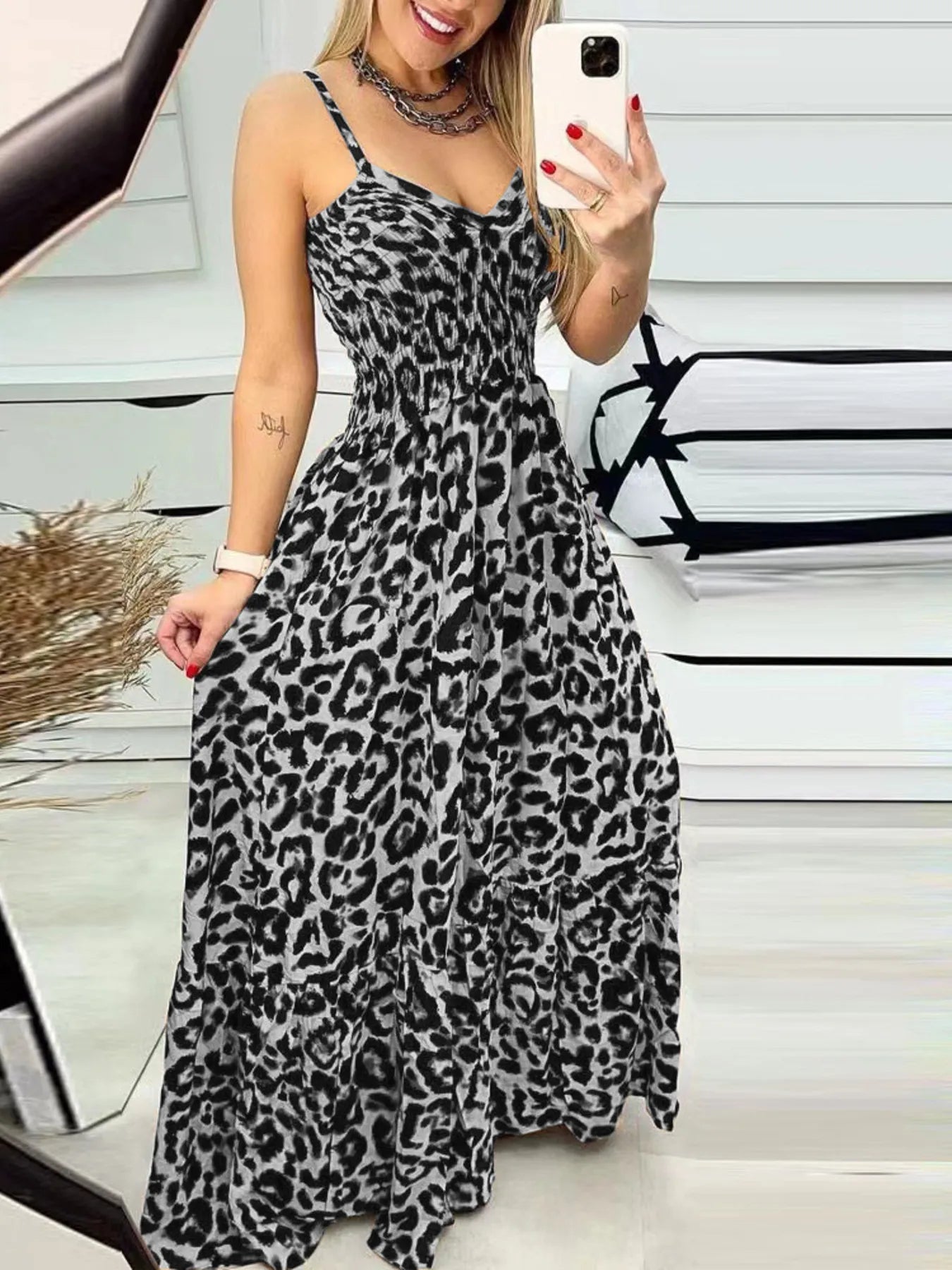 Full Size Leopard Print Dress - Spaghetti Strap Maxi Dress for Plus Size Fashion.