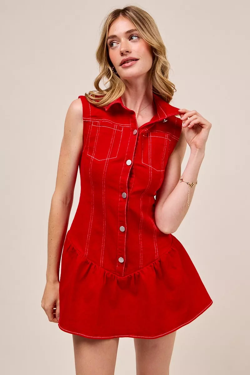 SO ME Button Down Sleeveless Collared Game Day Mini Dress.