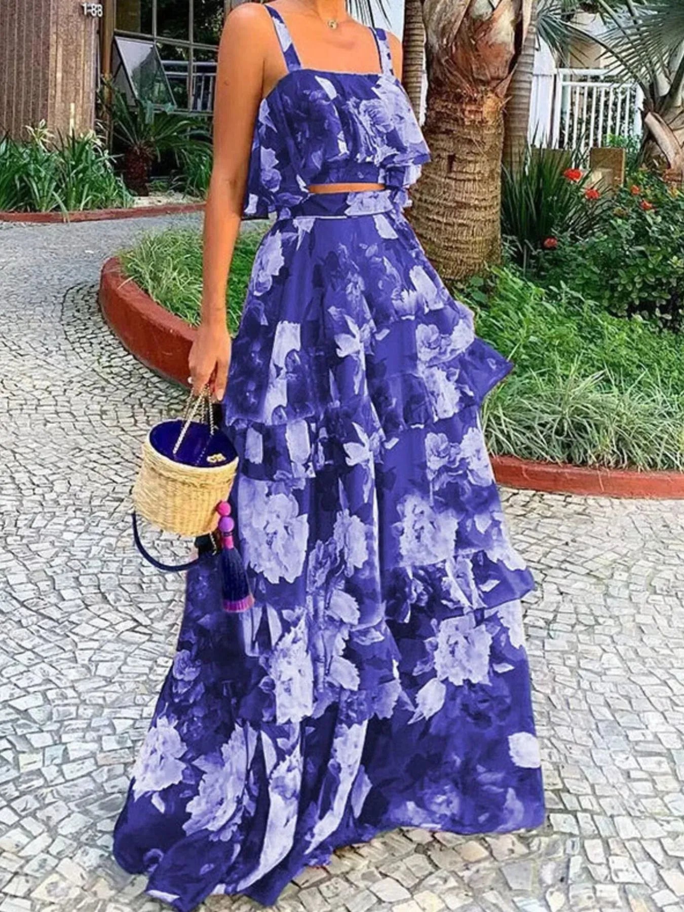 Plus size full size floral cami and tiered ruffled layered skirt set in purple and white chiffon fabric